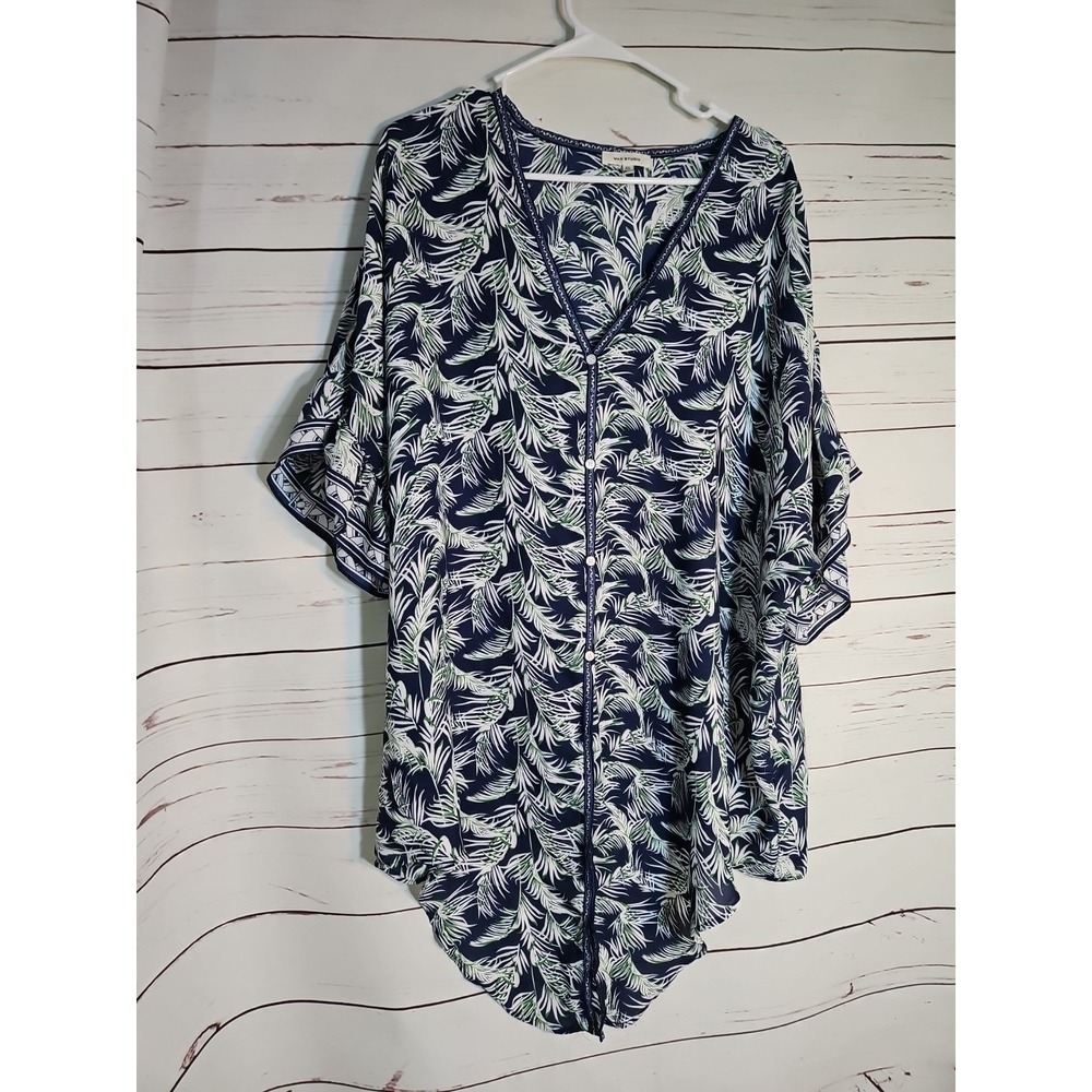 Max Studio Navy Leaf Print Blouse Ruffle Sleeves 2X Tie Front Coastal Resortwear